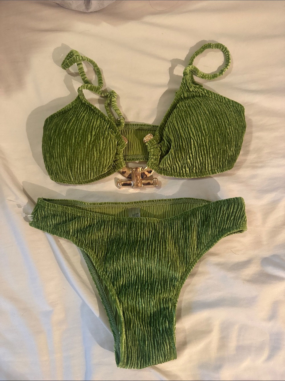Ribbed Green Bikini Set with Gold Accent - Women Swim Bikini